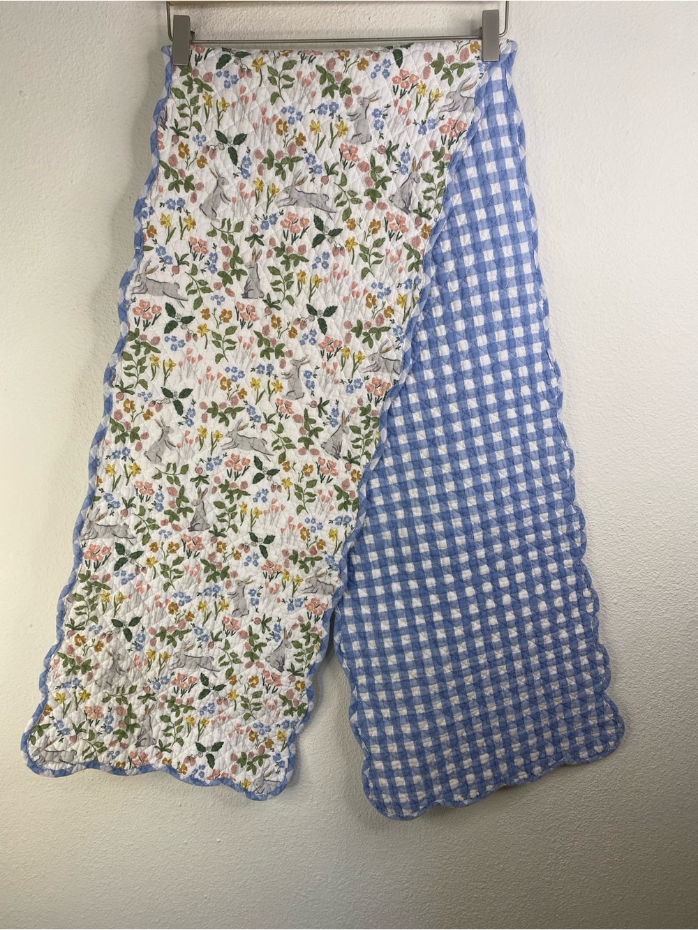 Shabby Chic Reversible Table Runner Quilted Bunny Floral Gingham Pastel Scallop